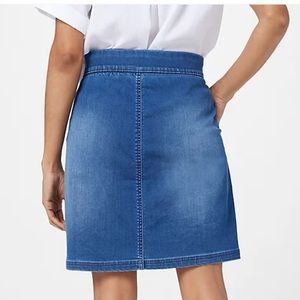 Denim blue pull-on skort with elastic waistband and pockets